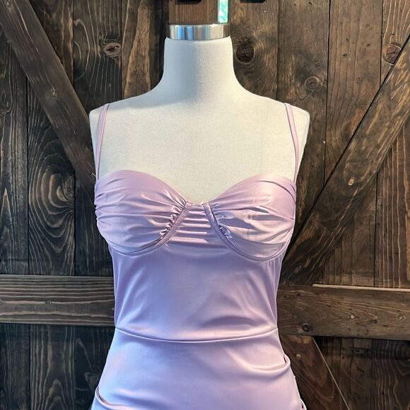 NWT Satin Dress Spaghetti Strap Backless Ruched Bodycon Split Maxi Elegant Dress - Picture 3 of 13